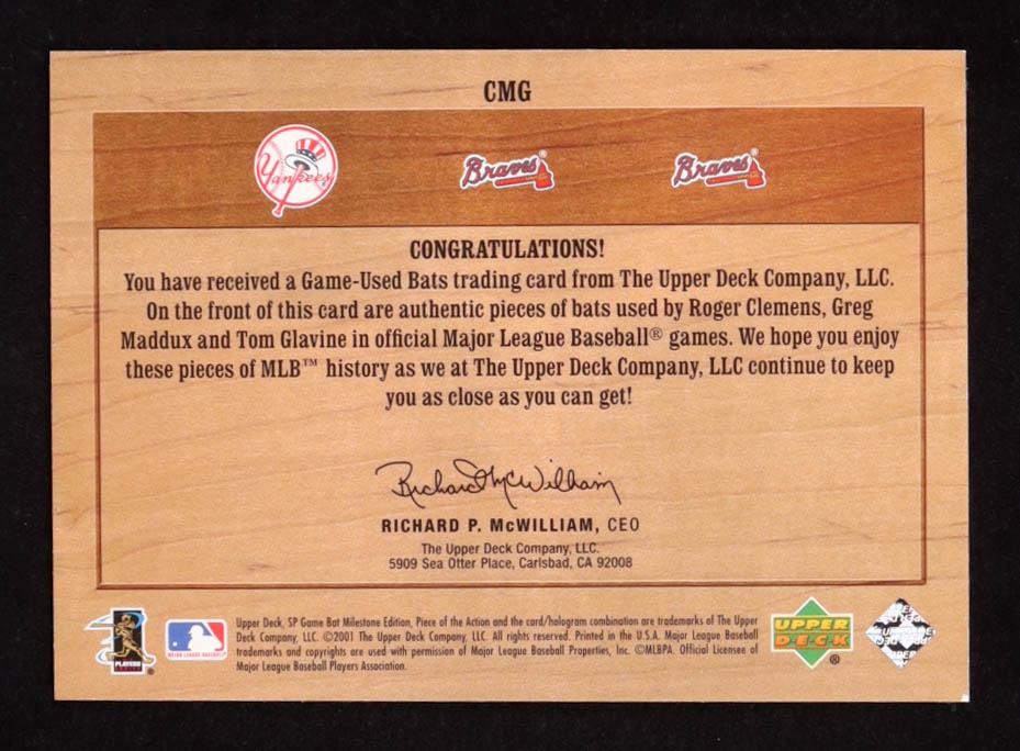 Roger Clemens / Greg Maddux / Tom Glavine 2001 SP Game Bat Milestone Piece of Action Trios #CMG at PristineAuction.com Roger Clemens / Greg Maddux / Tom Glavine 2001 SP Game Bat Milestone Piece of Action Trios #CMG at PristineAuction.com
