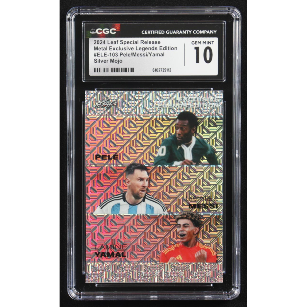 Lionel Messi / Lamine Yamal / Pele 2024 Leaf Metal Special Release Exclusive Legends Ed. Silver Mojo Triple #ELE-103 #23/25 (CGC 10) at PristineAuction.com