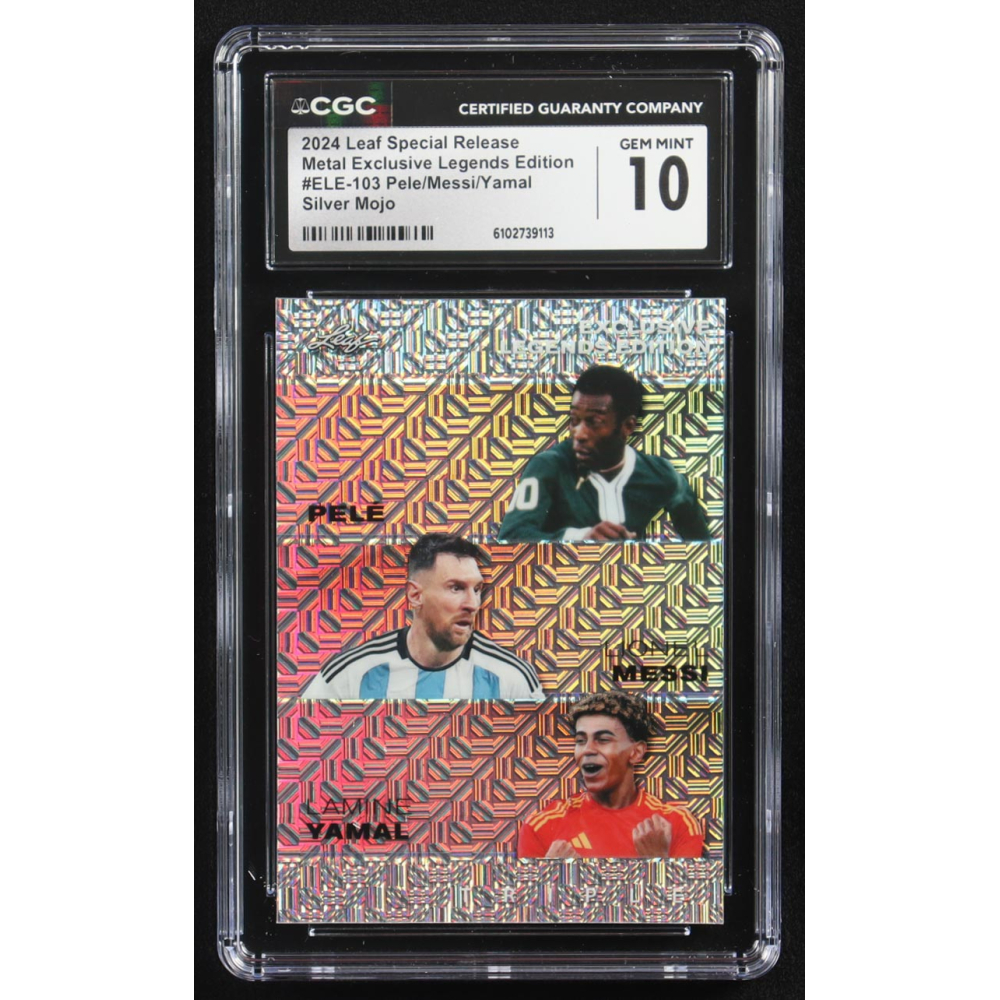 Lionel Messi / Lamine Yamal / Pele 2024 Leaf Metal Special Release Exclusive Legends Ed. Silver Mojo Triple #ELE-103 #25/25 (CGC 10) at PristineAuction.com