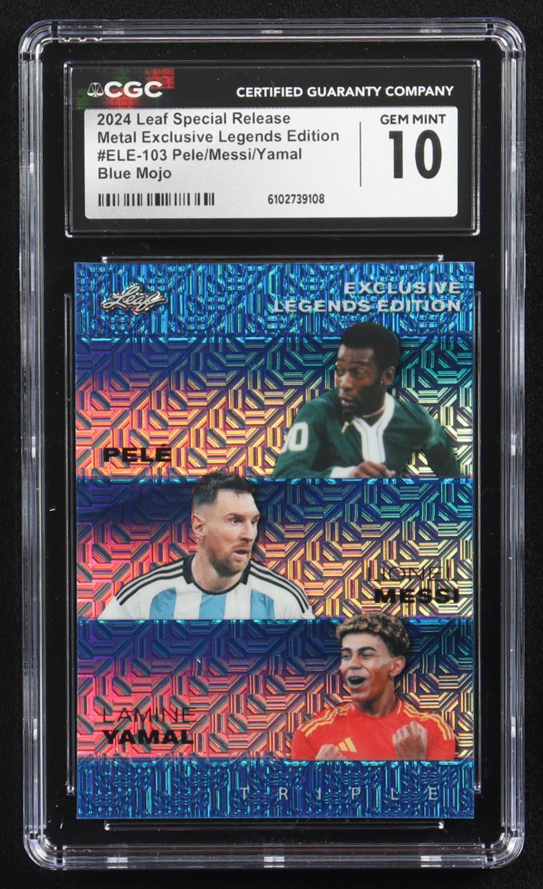Lionel Messi / Lamine Yamal / Pele 2024 Leaf Metal Special Release Exclusive Legends Ed. Blue Mojo Triple #ELE-103 #5/20 (CGC 10) at PristineAuction.com Lionel Messi / Lamine Yamal / Pele 2024 Leaf Metal Special Release Exclusive Legends Ed. Blue Mojo Triple #ELE-103 #5/20 (CGC 10) at PristineAuction.com