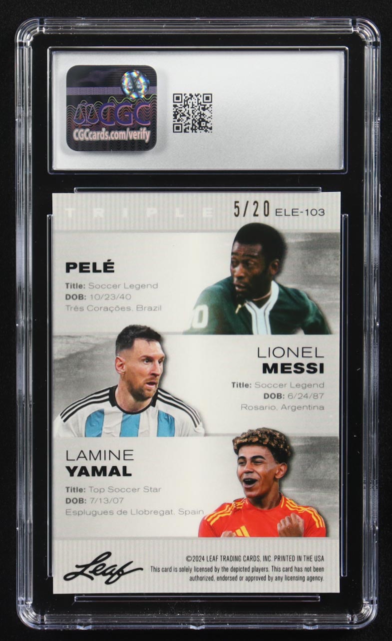 Lionel Messi / Lamine Yamal / Pele 2024 Leaf Metal Special Release Exclusive Legends Ed. Blue Mojo Triple #ELE-103 #5/20 (CGC 10) at PristineAuction.com Lionel Messi / Lamine Yamal / Pele 2024 Leaf Metal Special Release Exclusive Legends Ed. Blue Mojo Triple #ELE-103 #5/20 (CGC 10) at PristineAuction.com