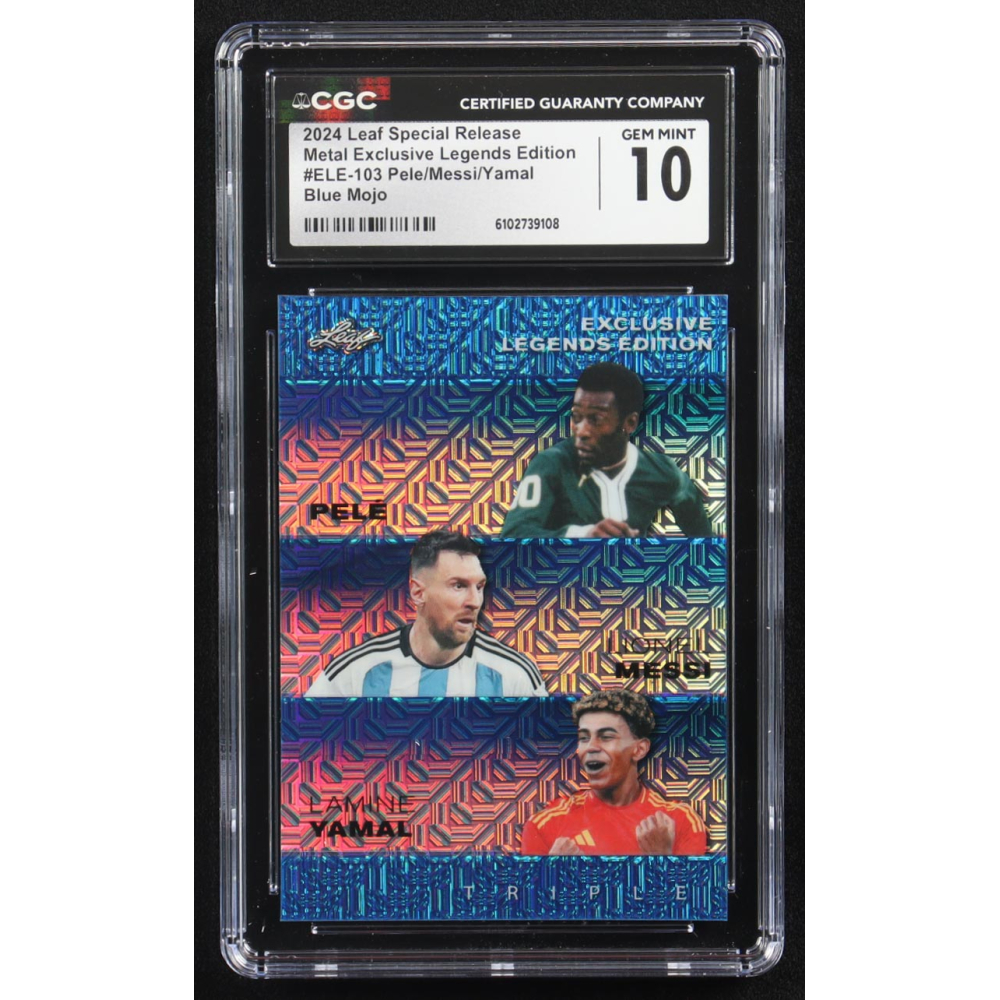 Lionel Messi / Lamine Yamal / Pele 2024 Leaf Metal Special Release Exclusive Legends Ed. Blue Mojo Triple #ELE-103 #5/20 (CGC 10) at PristineAuction.com