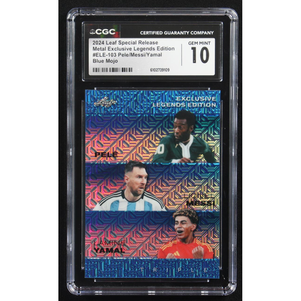 Lionel Messi / Lamine Yamal / Pele 2024 Leaf Metal Special Release Exclusive Legends Ed. Blue Mojo Triple #ELE-103 #4/20 (CGC 10) at PristineAuction.com