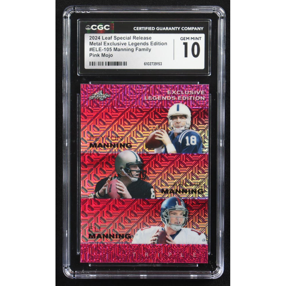 Archie Manning / Peyton Manning / Eli Manning 2024 Leaf Metal Special Release Exclusive Legends Ed. Manning Family Pink Mojo Triple #ELE-105 #3/10 (CGC 10) at PristineAuction.com