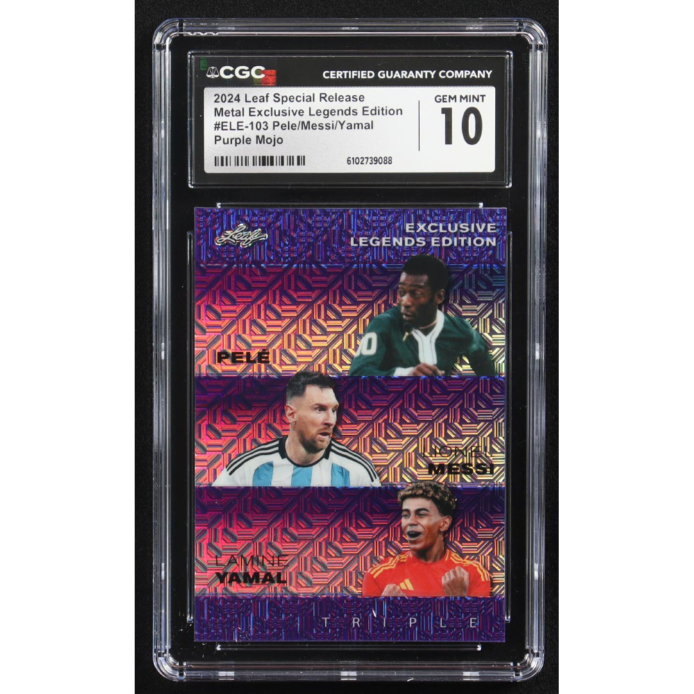 Lionel Messi / Lamine Yamal / Pele 2024 Leaf Metal Special Release Exclusive Legends Ed. Purple Mojo Triple #ELE-103 #9/15 (CGC 10) at PristineAuction.com