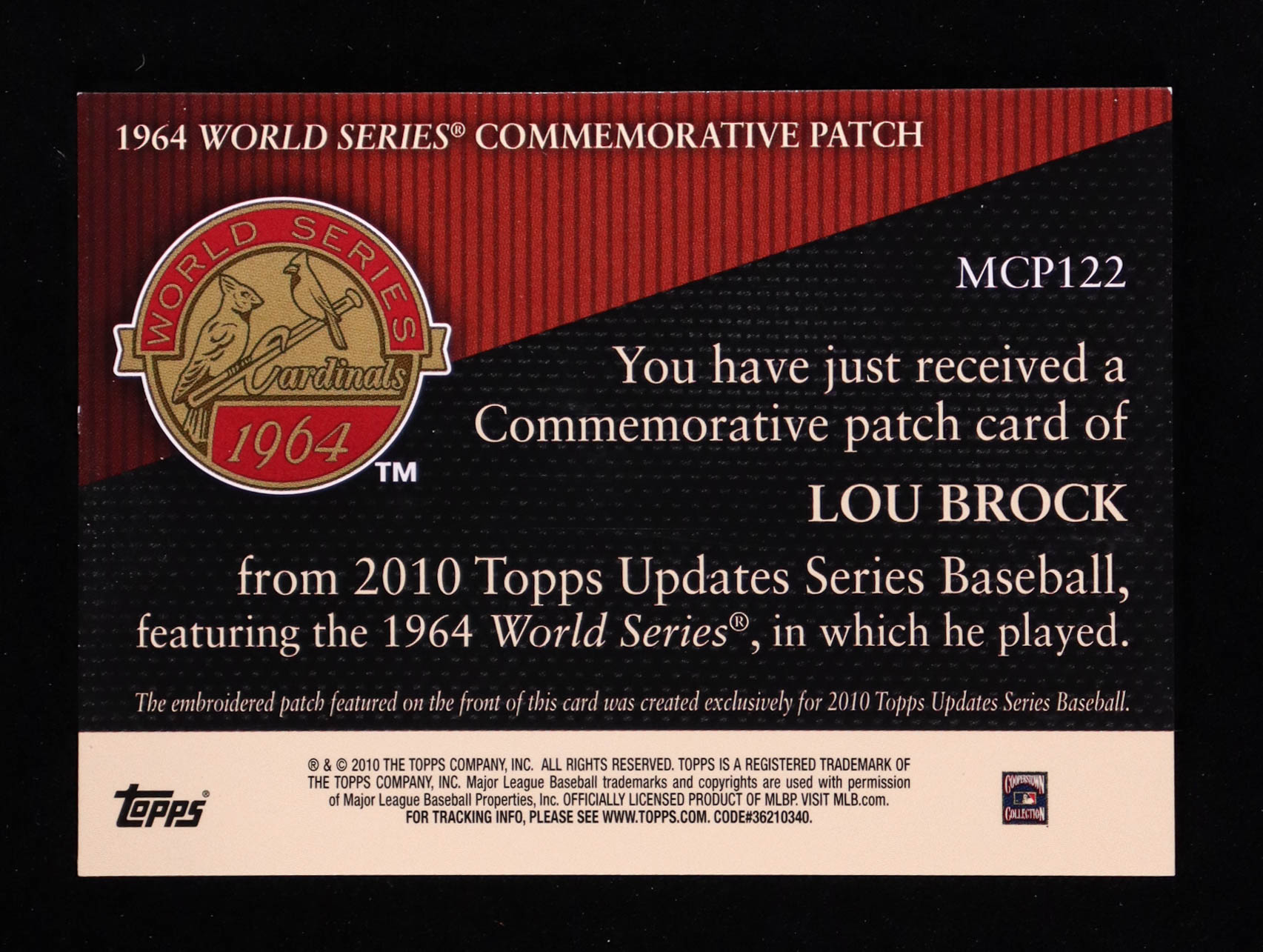 Lou Brock 2010 Topps Commemorative Patch #MCP122 at PristineAuction.com Lou Brock 2010 Topps Commemorative Patch #MCP122 at PristineAuction.com