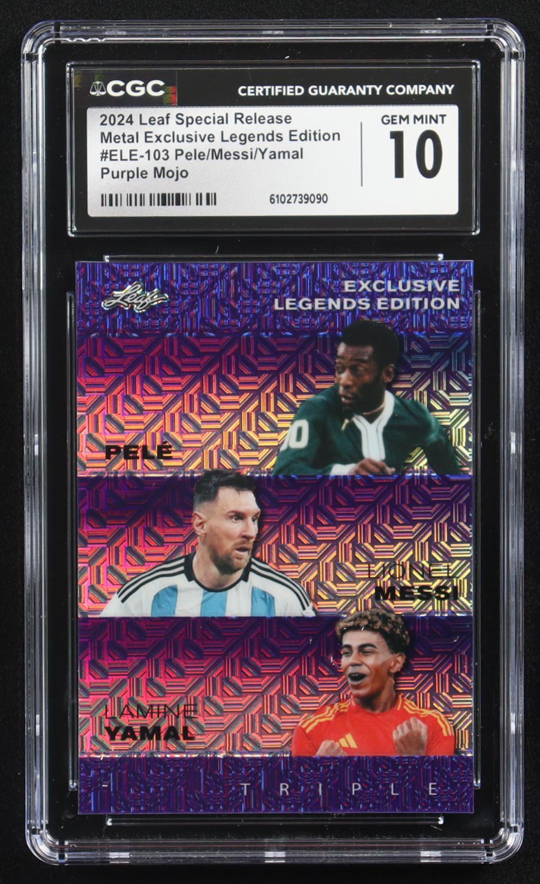 Lionel Messi / Lamine Yamal / Pele 2024 Leaf Metal Special Release Exclusive Legends Ed. Purple Mojo Triple #ELE-103 #7/15 (CGC 10) at PristineAuction.com Lionel Messi / Lamine Yamal / Pele 2024 Leaf Metal Special Release Exclusive Legends Ed. Purple Mojo Triple #ELE-103 #7/15 (CGC 10) at PristineAuction.com