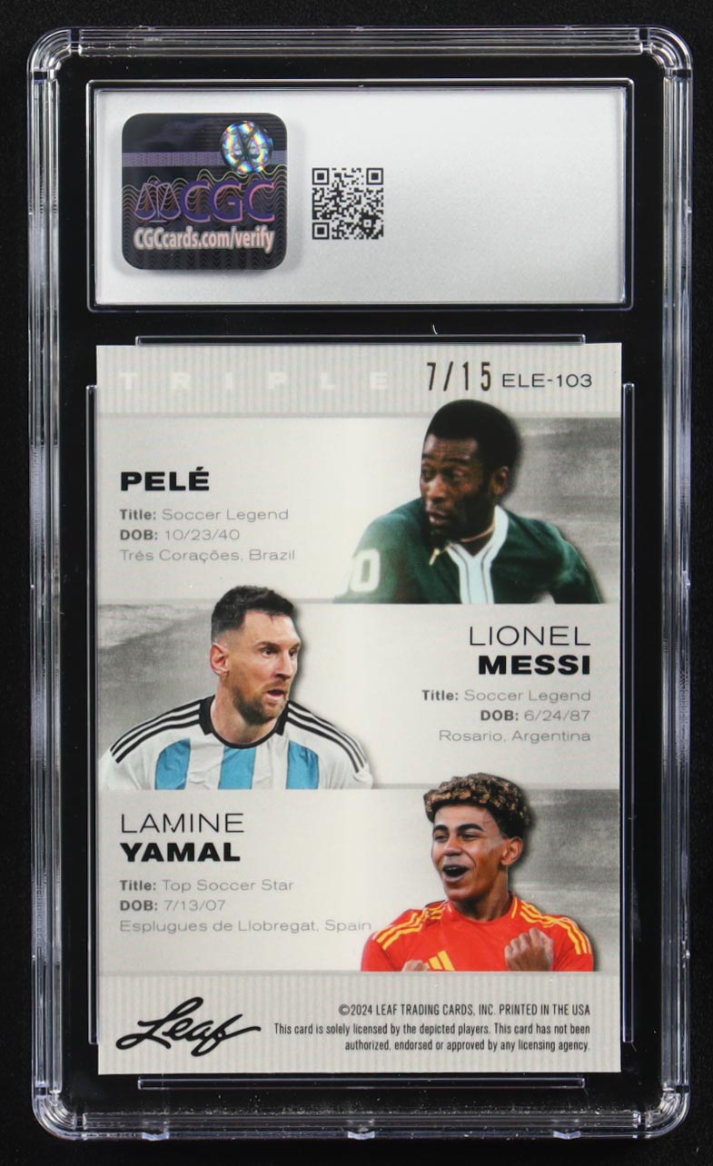 Lionel Messi / Lamine Yamal / Pele 2024 Leaf Metal Special Release Exclusive Legends Ed. Purple Mojo Triple #ELE-103 #7/15 (CGC 10) at PristineAuction.com Lionel Messi / Lamine Yamal / Pele 2024 Leaf Metal Special Release Exclusive Legends Ed. Purple Mojo Triple #ELE-103 #7/15 (CGC 10) at PristineAuction.com
