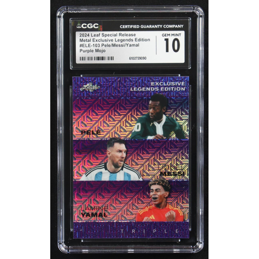 Lionel Messi / Lamine Yamal / Pele 2024 Leaf Metal Special Release Exclusive Legends Ed. Purple Mojo Triple #ELE-103 #7/15 (CGC 10) at PristineAuction.com
