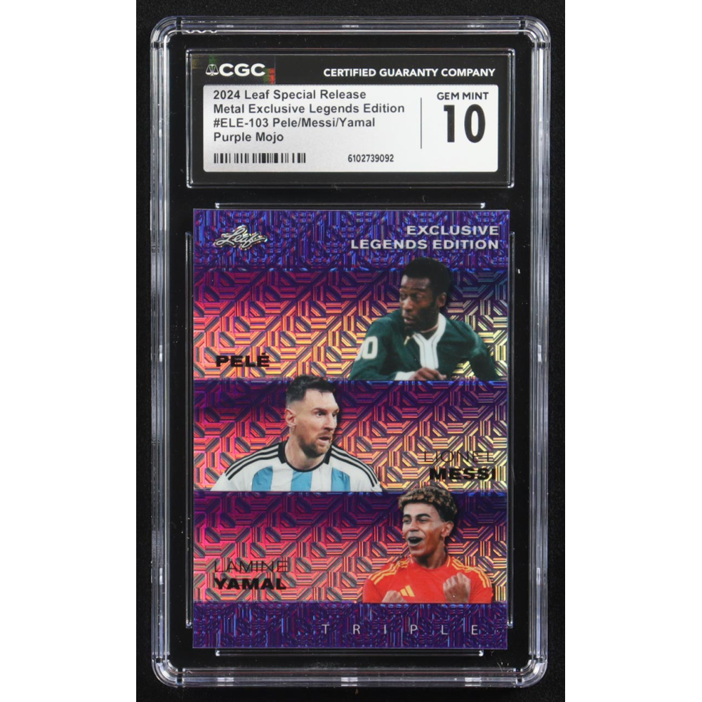Lionel Messi / Lamine Yamal / Pele 2024 Leaf Metal Special Release Exclusive Legends Ed. Purple Mojo Triple #ELE-103 #5/15 (CGC 10) at PristineAuction.com