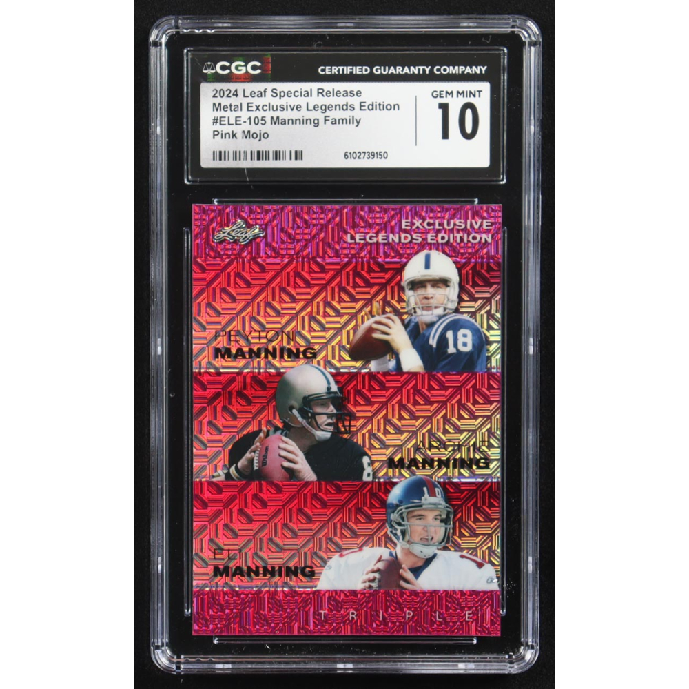 Archie Manning / Peyton Manning / Eli Manning 2024 Leaf Metal Special Release Exclusive Legends Ed. Manning Family Pink Mojo Triple #ELE-105 #6/10 (CGC 10) at PristineAuction.com