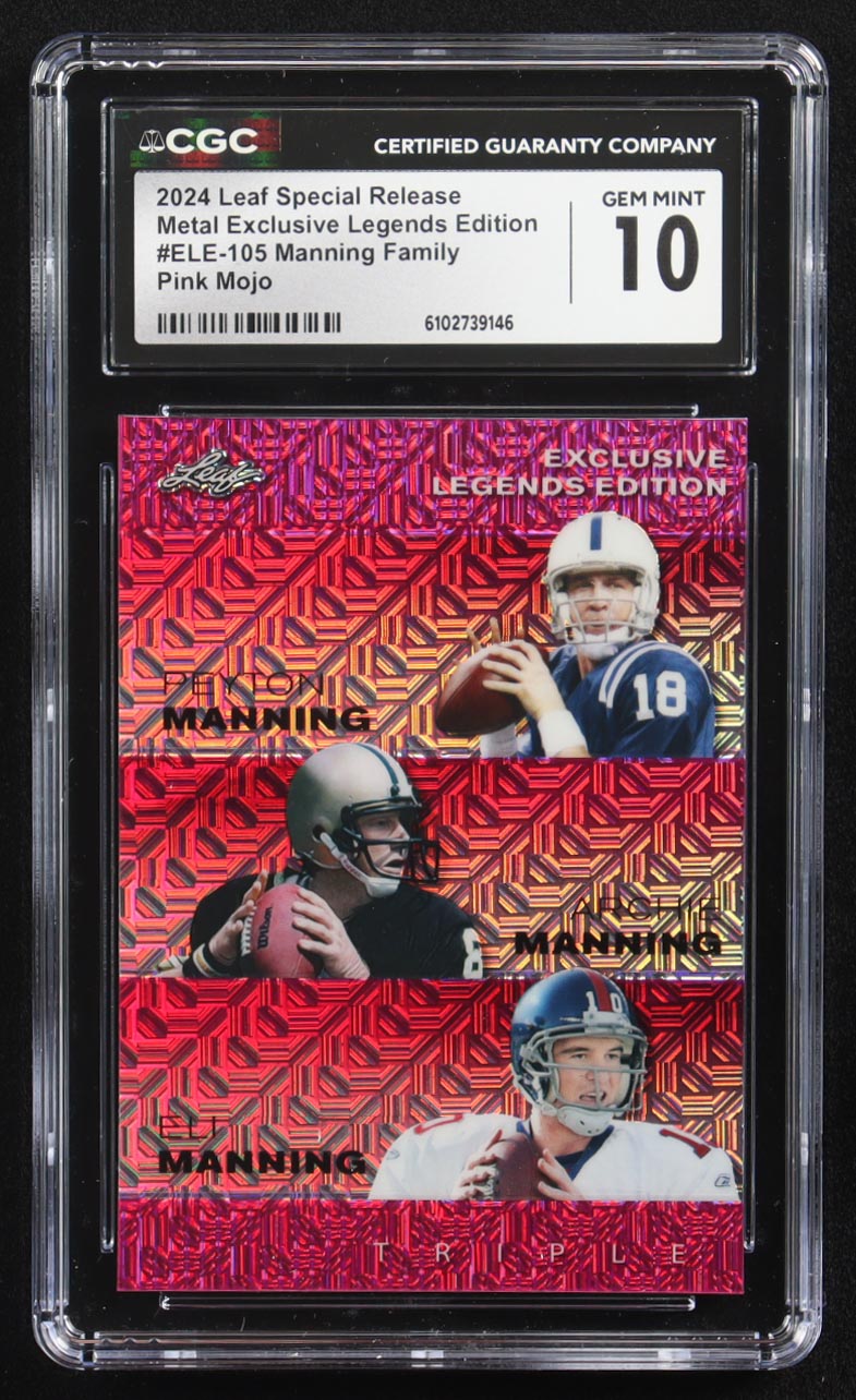 Archie Manning / Peyton Manning / Eli Manning 2024 Leaf Metal Special Release Exclusive Legends Ed. Manning Family Pink Mojo Triple #ELE-105 #10/10 (CGC 10) at PristineAuction.com Archie Manning / Peyton Manning / Eli Manning 2024 Leaf Metal Special Release Exclusive Legends Ed. Manning Family Pink Mojo Triple #ELE-105 #10/10 (CGC 10) at PristineAuction.com