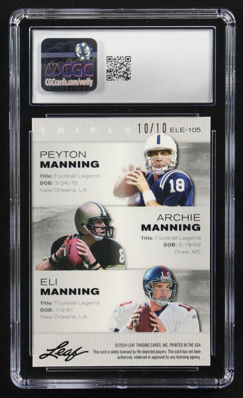 Archie Manning / Peyton Manning / Eli Manning 2024 Leaf Metal Special Release Exclusive Legends Ed. Manning Family Pink Mojo Triple #ELE-105 #10/10 (CGC 10) at PristineAuction.com Archie Manning / Peyton Manning / Eli Manning 2024 Leaf Metal Special Release Exclusive Legends Ed. Manning Family Pink Mojo Triple #ELE-105 #10/10 (CGC 10) at PristineAuction.com