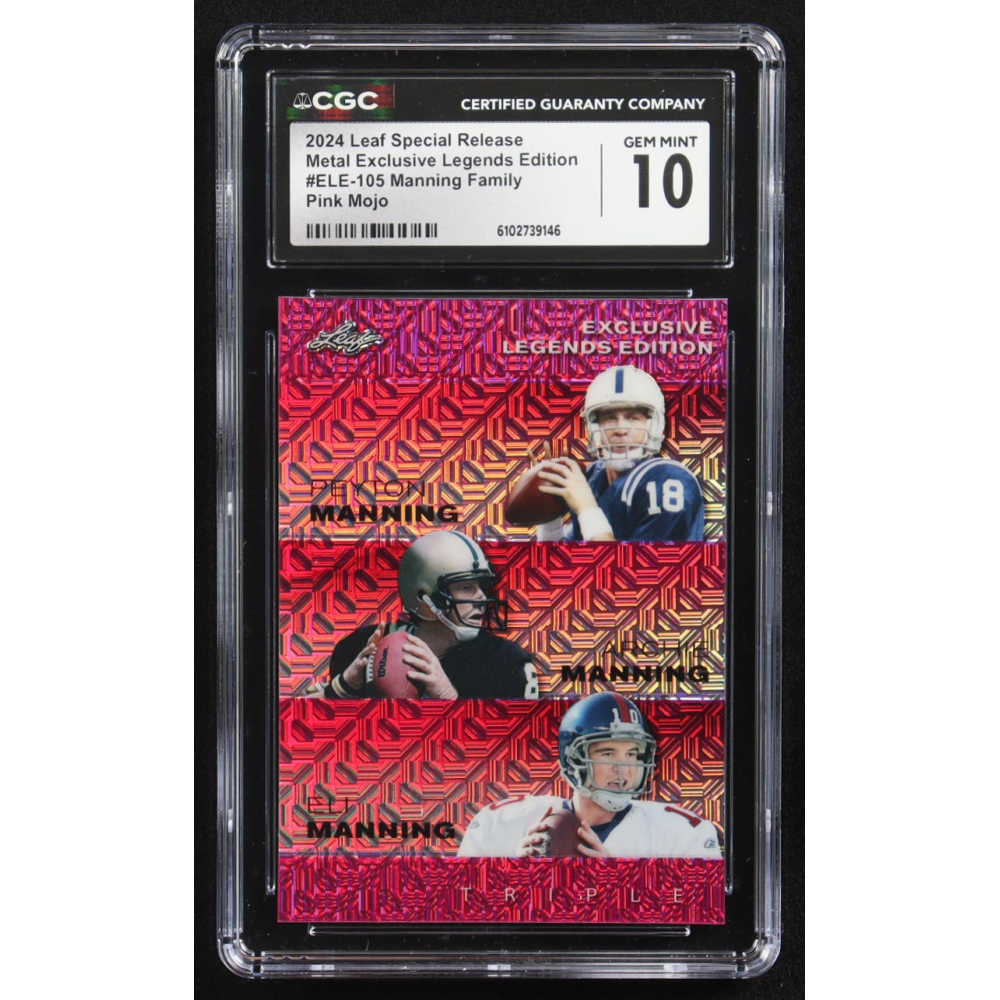 Archie Manning / Peyton Manning / Eli Manning 2024 Leaf Metal Special Release Exclusive Legends Ed. Manning Family Pink Mojo Triple #ELE-105 #10/10 (CGC 10) at PristineAuction.com