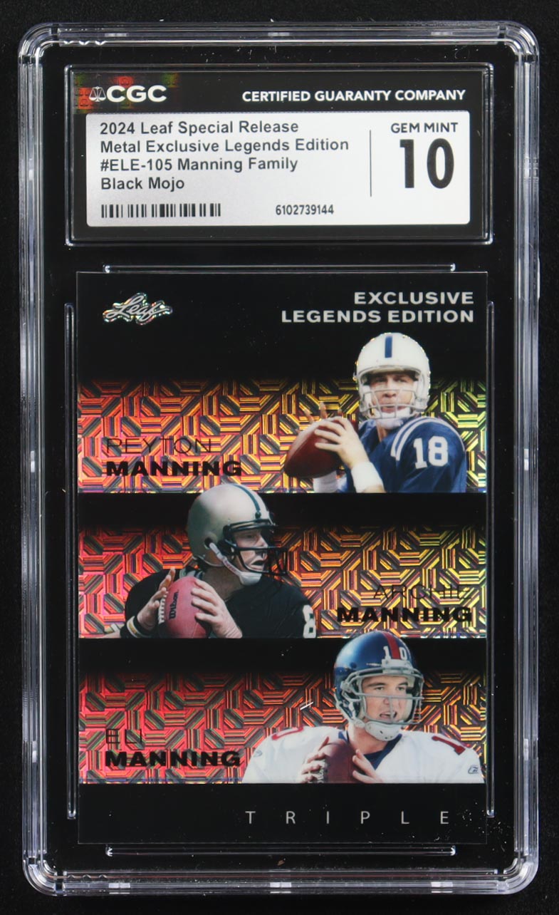 Archie Manning / Peyton Manning / Eli Manning 2024 Leaf Metal Special Release Exclusive Legends Ed. Manning Family Black Mojo Triple #ELE-105 #3/7 (CGC 10) at PristineAuction.com Archie Manning / Peyton Manning / Eli Manning 2024 Leaf Metal Special Release Exclusive Legends Ed. Manning Family Black Mojo Triple #ELE-105 #3/7 (CGC 10) at PristineAuction.com
