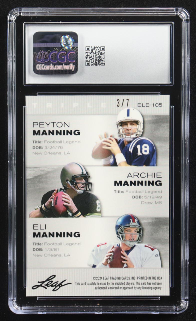 Archie Manning / Peyton Manning / Eli Manning 2024 Leaf Metal Special Release Exclusive Legends Ed. Manning Family Black Mojo Triple #ELE-105 #3/7 (CGC 10) at PristineAuction.com Archie Manning / Peyton Manning / Eli Manning 2024 Leaf Metal Special Release Exclusive Legends Ed. Manning Family Black Mojo Triple #ELE-105 #3/7 (CGC 10) at PristineAuction.com