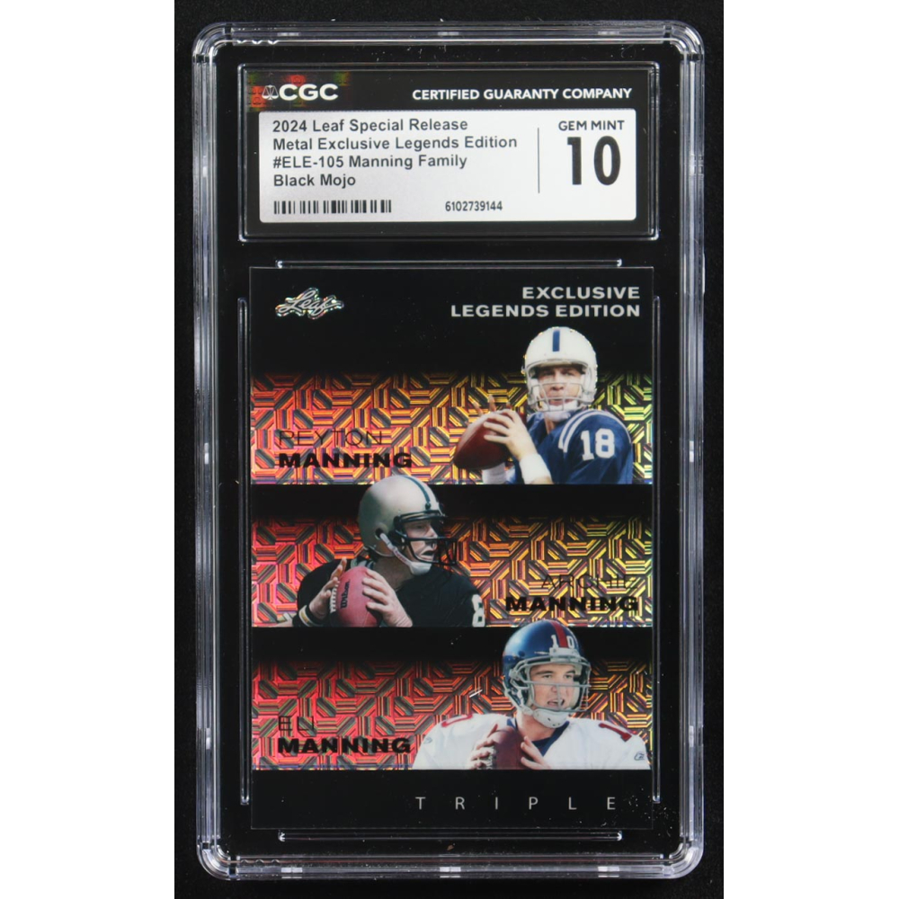 Archie Manning / Peyton Manning / Eli Manning 2024 Leaf Metal Special Release Exclusive Legends Ed. Manning Family Black Mojo Triple #ELE-105 #3/7 (CGC 10) at PristineAuction.com