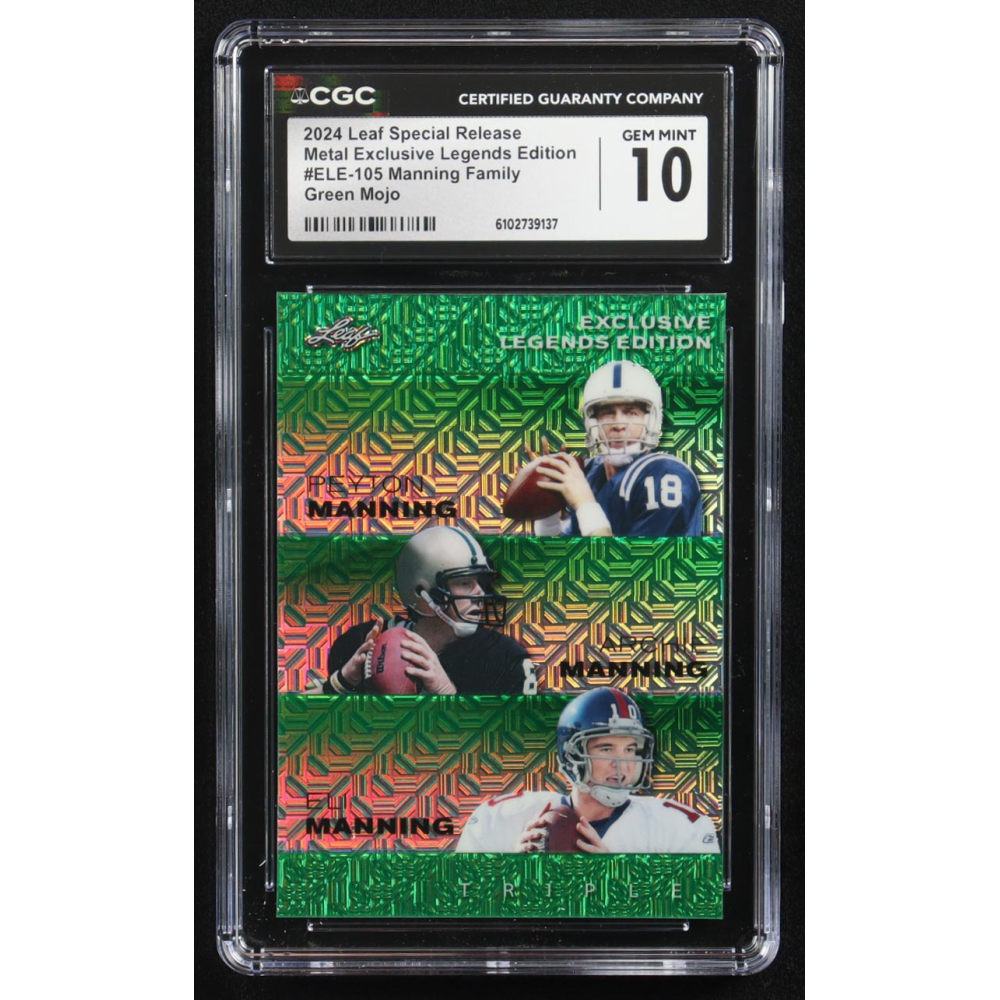 Archie Manning / Peyton Manning / Eli Manning 2024 Leaf Metal Special Release Exclusive Legends Ed. Manning Family Green Mojo Triple #ELE-105 #4/5 (CGC 10) at PristineAuction.com