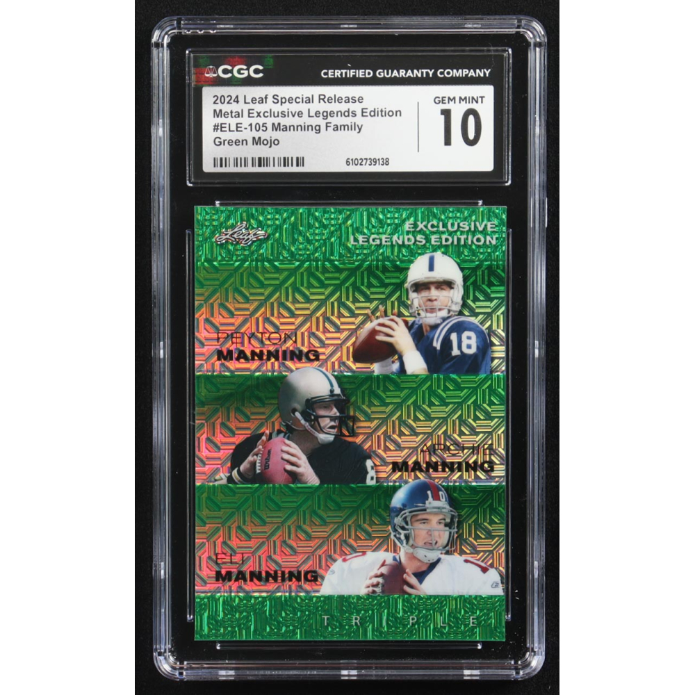 Archie Manning / Peyton Manning / Eli Manning 2024 Leaf Metal Special Release Exclusive Legends Ed. Manning Family Green Mojo Triple #ELE-105 #3/5 (CGC 10) at PristineAuction.com