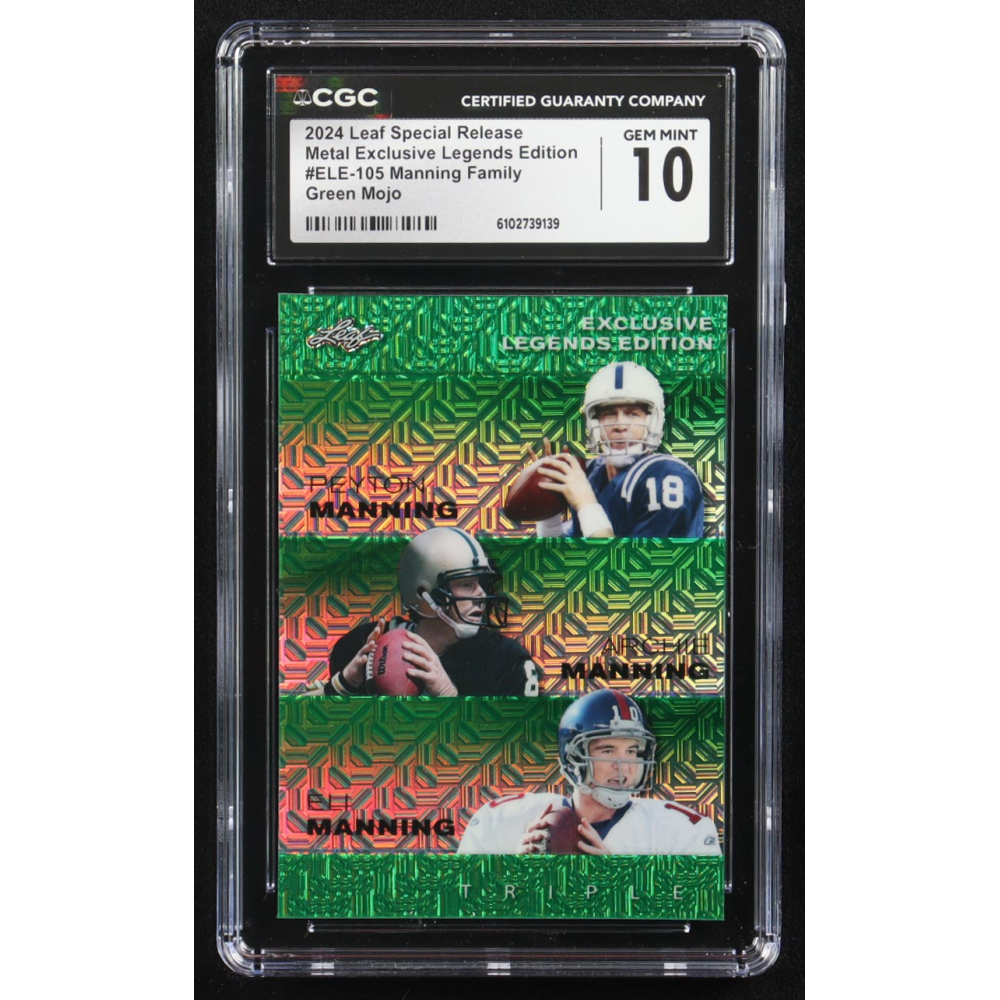 Archie Manning / Peyton Manning / Eli Manning 2024 Leaf Metal Special Release Exclusive Legends Ed. Manning Family Green Mojo Triple #ELE-105 #2/5 (CGC 10) at PristineAuction.com