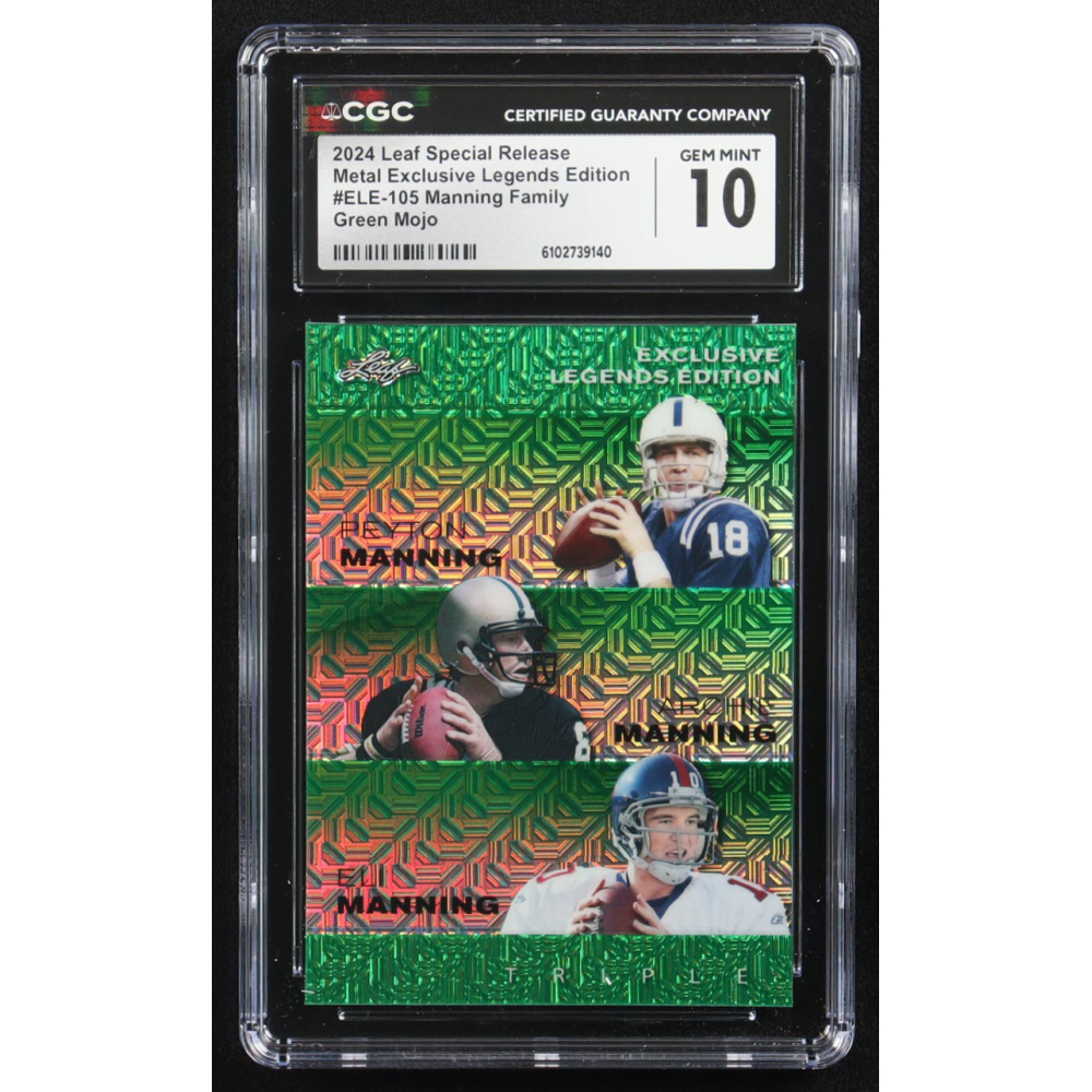 Archie Manning / Peyton Manning / Eli Manning 2024 Leaf Metal Special Release Exclusive Legends Ed. Manning Family Green Mojo Triple #ELE-105 #1/5 (CGC 10) at PristineAuction.com