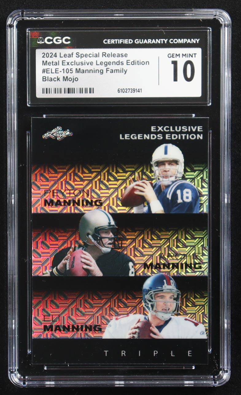 Archie Manning / Peyton Manning / Eli Manning 2024 Leaf Metal Special Release Exclusive Legends Ed. Manning Family Black Mojo Triple #ELE-105 #7/7 (CGC 10) at PristineAuction.com Archie Manning / Peyton Manning / Eli Manning 2024 Leaf Metal Special Release Exclusive Legends Ed. Manning Family Black Mojo Triple #ELE-105 #7/7 (CGC 10) at PristineAuction.com