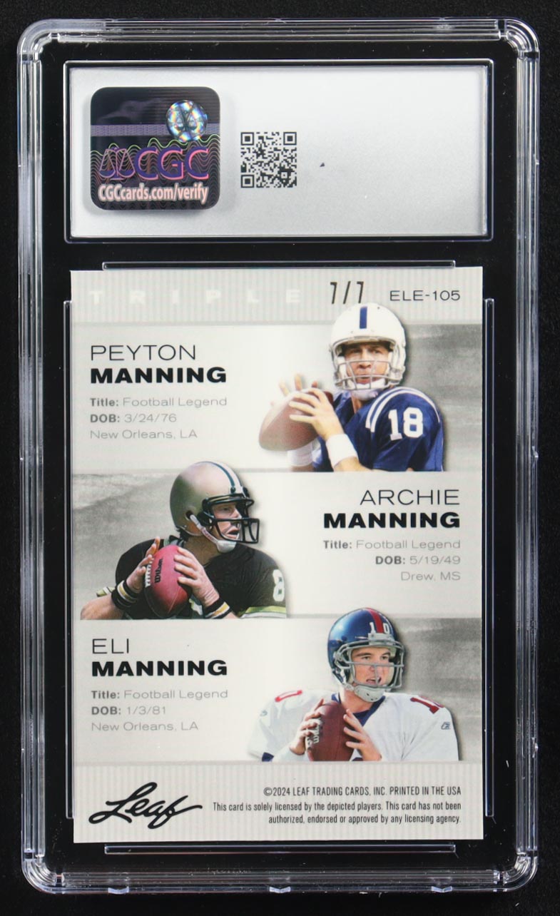 Archie Manning / Peyton Manning / Eli Manning 2024 Leaf Metal Special Release Exclusive Legends Ed. Manning Family Black Mojo Triple #ELE-105 #7/7 (CGC 10) at PristineAuction.com Archie Manning / Peyton Manning / Eli Manning 2024 Leaf Metal Special Release Exclusive Legends Ed. Manning Family Black Mojo Triple #ELE-105 #7/7 (CGC 10) at PristineAuction.com