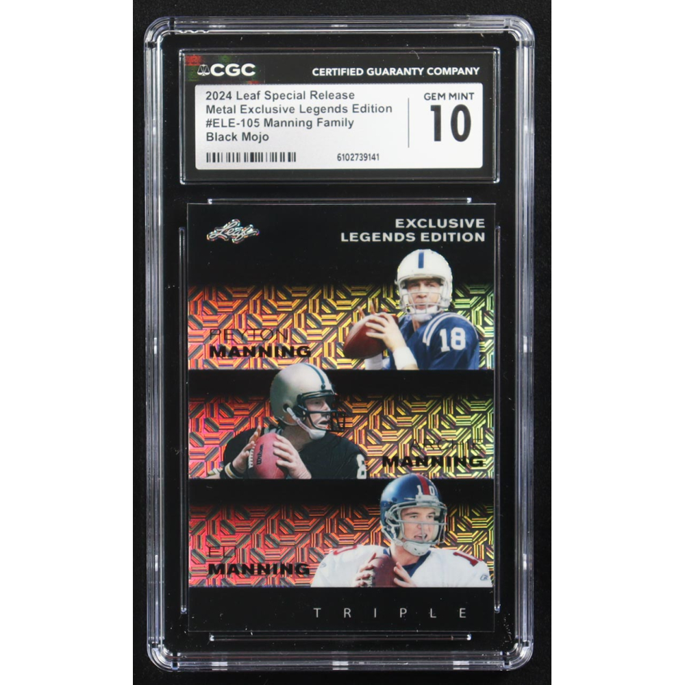 Archie Manning / Peyton Manning / Eli Manning 2024 Leaf Metal Special Release Exclusive Legends Ed. Manning Family Black Mojo Triple #ELE-105 #7/7 (CGC 10) at PristineAuction.com