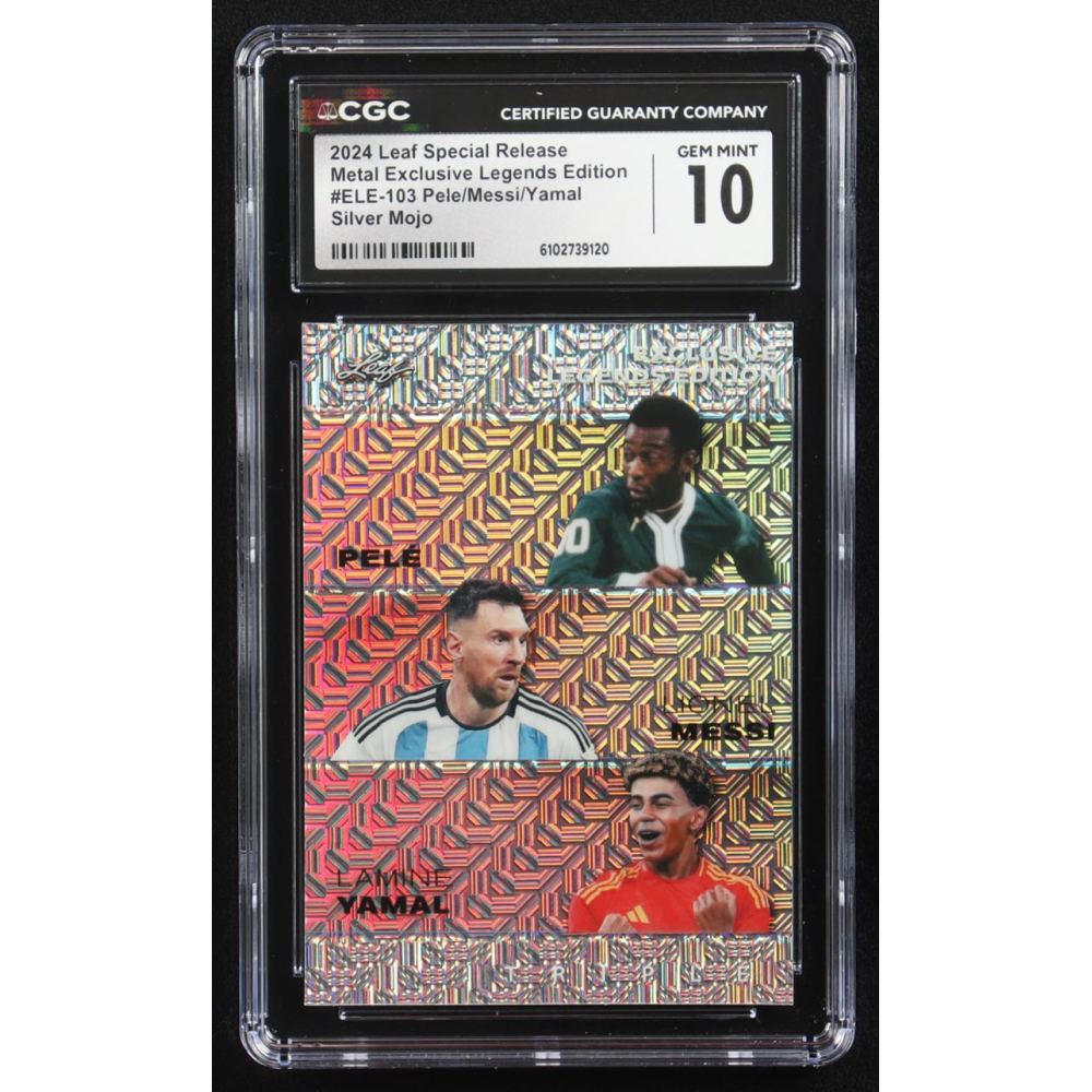 Lionel Messi / Lamine Yamal / Pele 2024 Leaf Metal Special Release Exclusive Legends Ed. Silver Mojo Triple #ELE-103 #16/25 (CGC 10) at PristineAuction.com