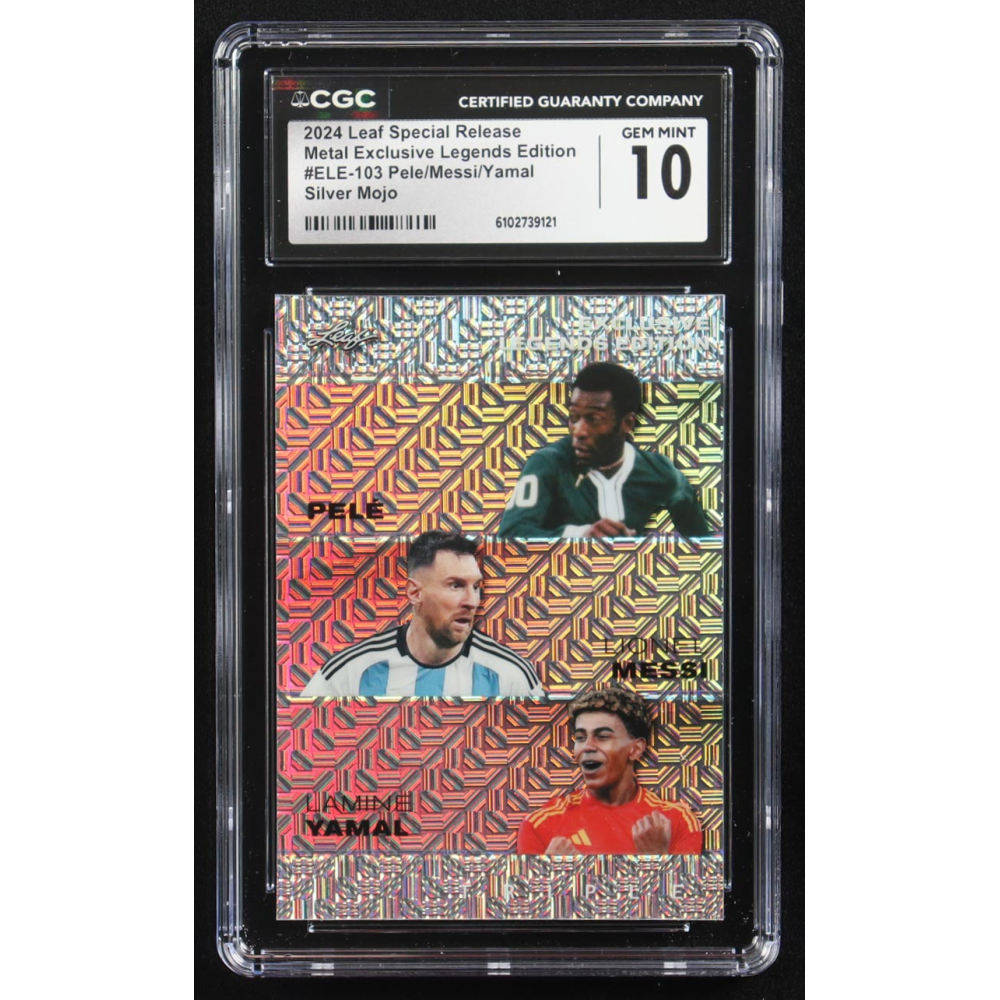 Lionel Messi / Lamine Yamal / Pele 2024 Leaf Metal Special Release Exclusive Legends Ed. Silver Mojo Triple #ELE-103 #15/25 (CGC 10) at PristineAuction.com
