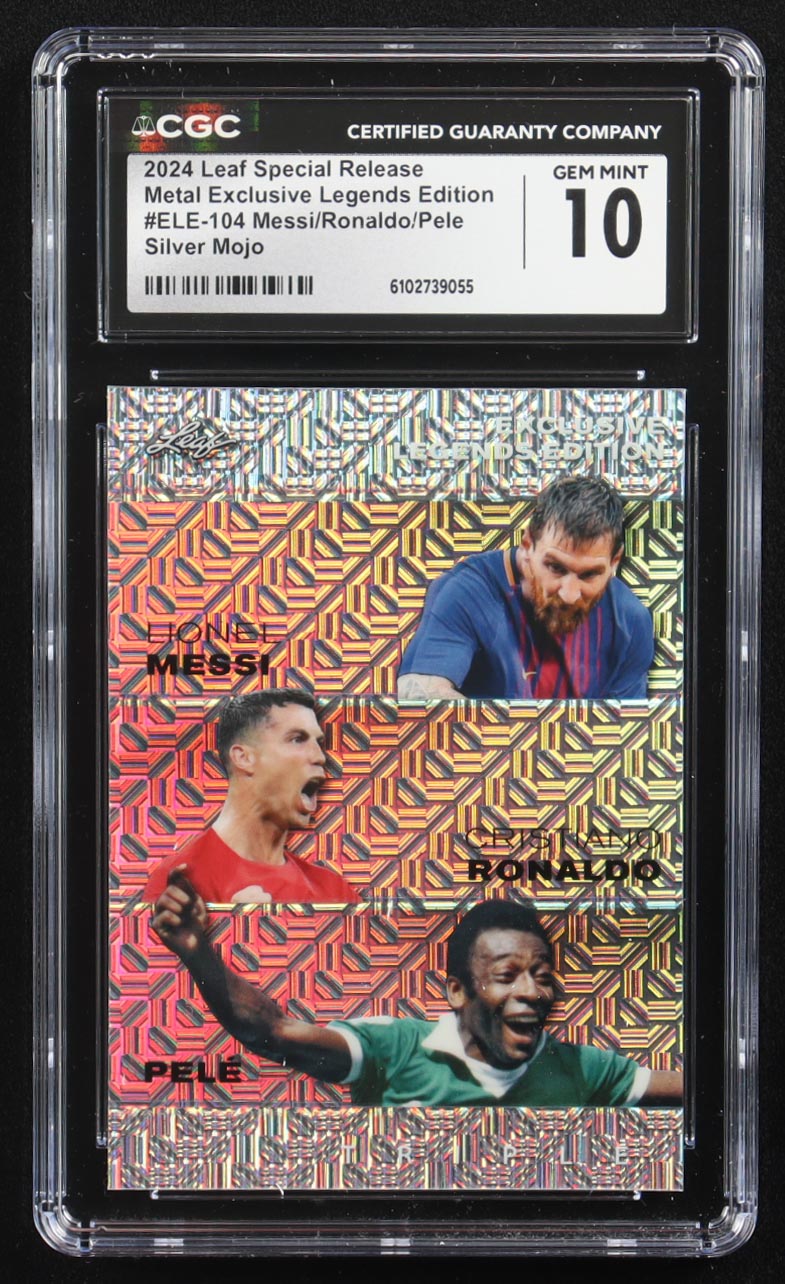 Lionel Messi / Cristiano Ronaldo / Pele 2024 Leaf Metal Special Release Exclusive Legends Ed. Silver Mojo Triple #ELE-104 #8/25 (CGC 10) at PristineAuction.com Lionel Messi / Cristiano Ronaldo / Pele 2024 Leaf Metal Special Release Exclusive Legends Ed. Silver Mojo Triple #ELE-104 #8/25 (CGC 10) at PristineAuction.com