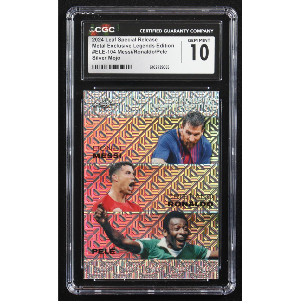 Lionel Messi / Cristiano Ronaldo / Pele 2024 Leaf Metal Special Release Exclusive Legends Ed. Silver Mojo Triple #ELE-104 #8/25 (CGC 10) at PristineAuction.com