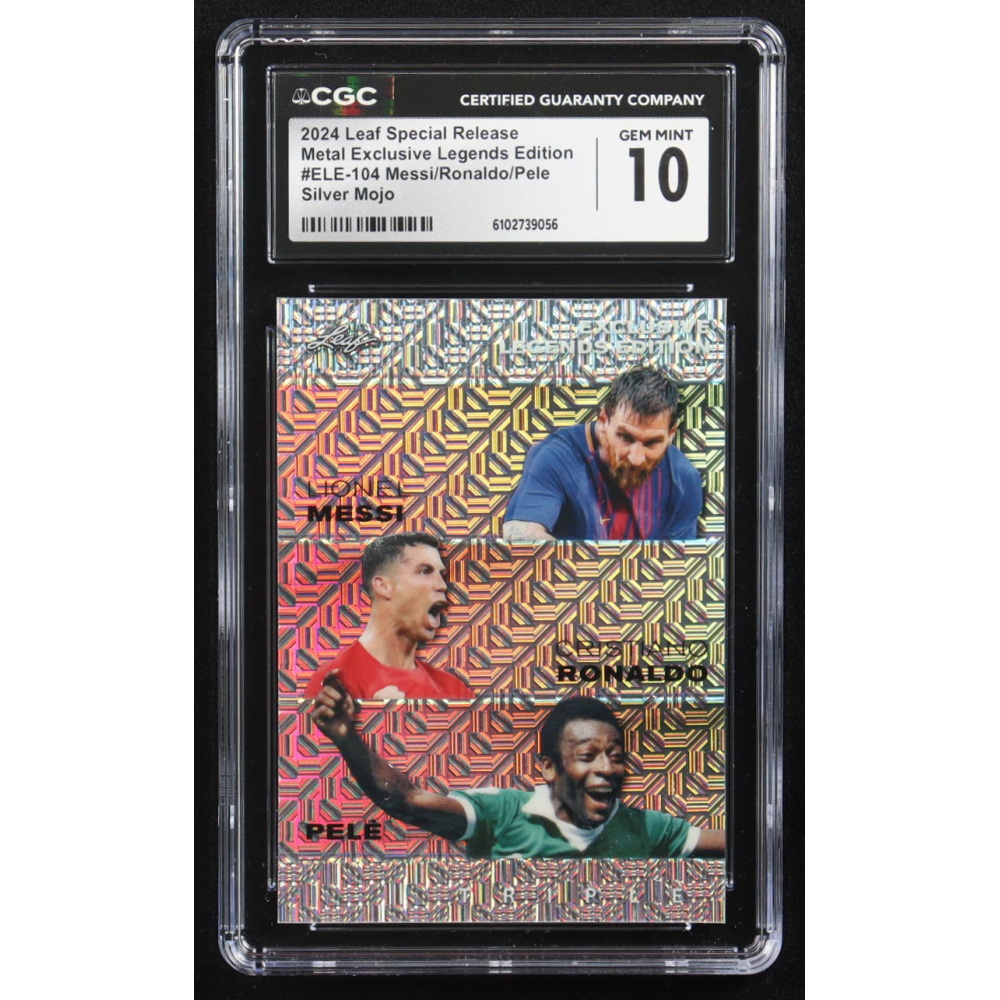 Lionel Messi / Cristiano Ronaldo / Pele 2024 Leaf Metal Special Release Exclusive Legends Ed. Silver Mojo Triple #ELE-104 #7/25 (CGC 10) at PristineAuction.com