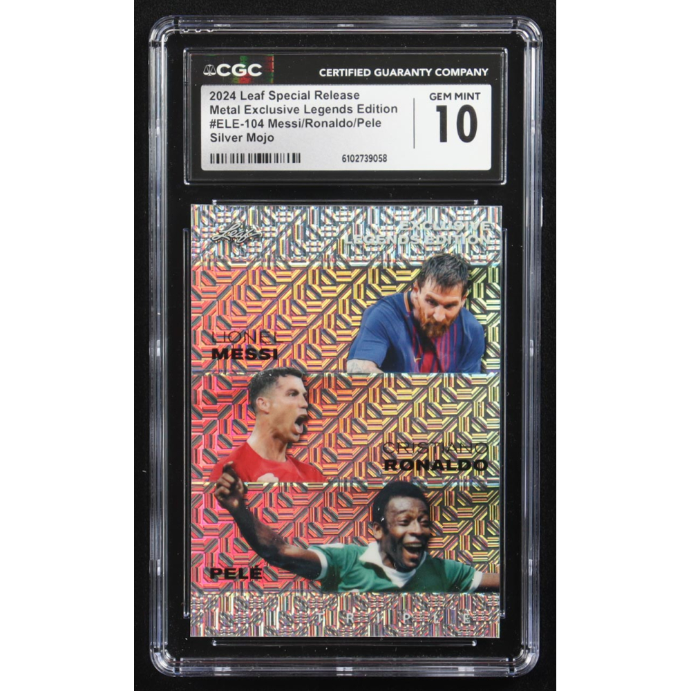 Lionel Messi / Cristiano Ronaldo / Pele 2024 Leaf Metal Special Release Exclusive Legends Ed. Silver Mojo Triple #ELE-104 #5/25 (CGC 10) at PristineAuction.com