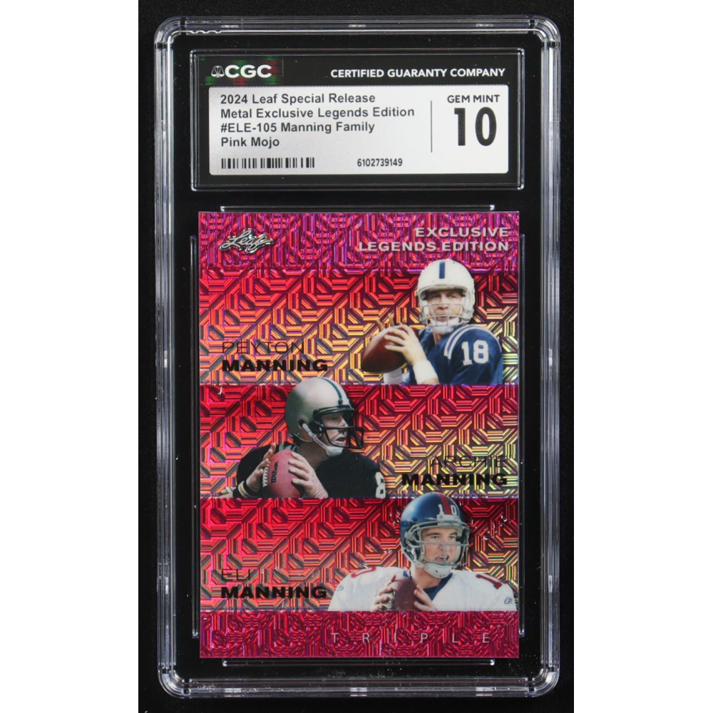 Archie Manning / Peyton Manning / Eli Manning 2024 Leaf Metal Special Release Exclusive Legends Ed. Manning Family Pink Mojo Triple #ELE-105 #7/10 (CGC 10) at PristineAuction.com