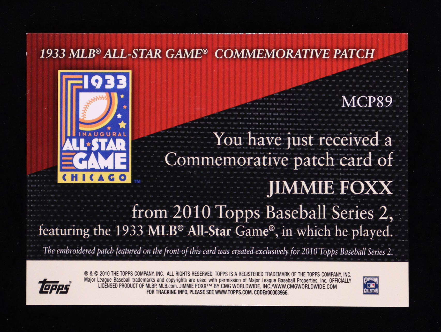 Jimmie Foxx 2010 Topps Commemorative Patch #MCP89 at PristineAuction.com Jimmie Foxx 2010 Topps Commemorative Patch #MCP89 at PristineAuction.com
