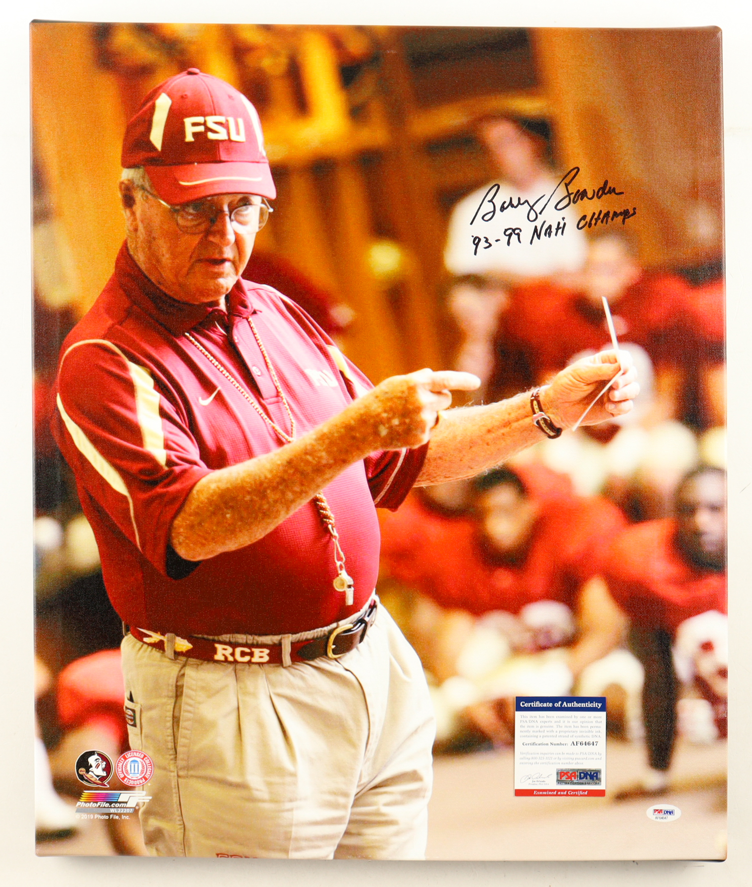 Bobby Bowden Signed Florida State Seminoles Canvas Photo Inscribed "'93-'99 Natl Champs" (PSA) at PristineAuction.com Bobby Bowden Signed Florida State Seminoles Canvas Photo Inscribed "'93-'99 Natl Champs" (PSA) at PristineAuction.com
