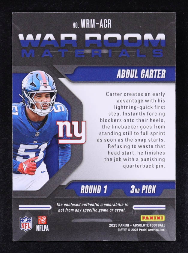 Abdul Carter 2025 Absolute War Room Materials Gold #1 #16/99 RC at PristineAuction.com Abdul Carter 2025 Absolute War Room Materials Gold #1 #16/99 RC at PristineAuction.com