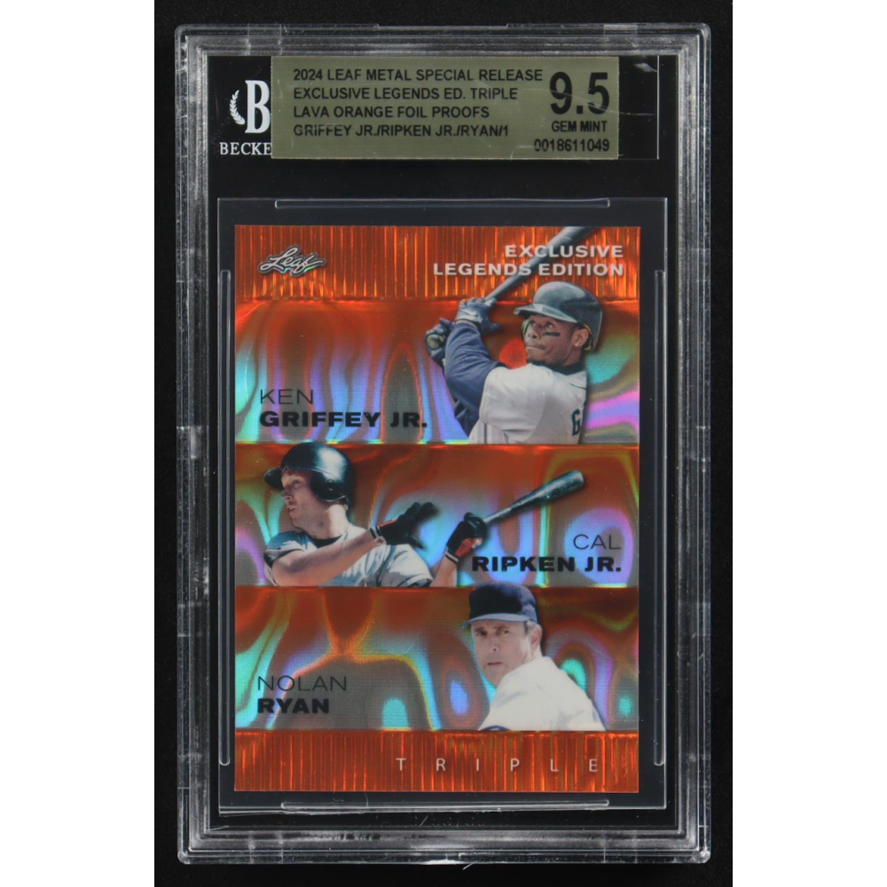 Ken Griffey Jr. / Cal Ripken Jr. / Nolan Ryan 2024 Leaf Metal Special Release Exclusive Legends Ed. Triple Lava Orange Foil Proofs (BGS 9.5) at PristineAuction.com