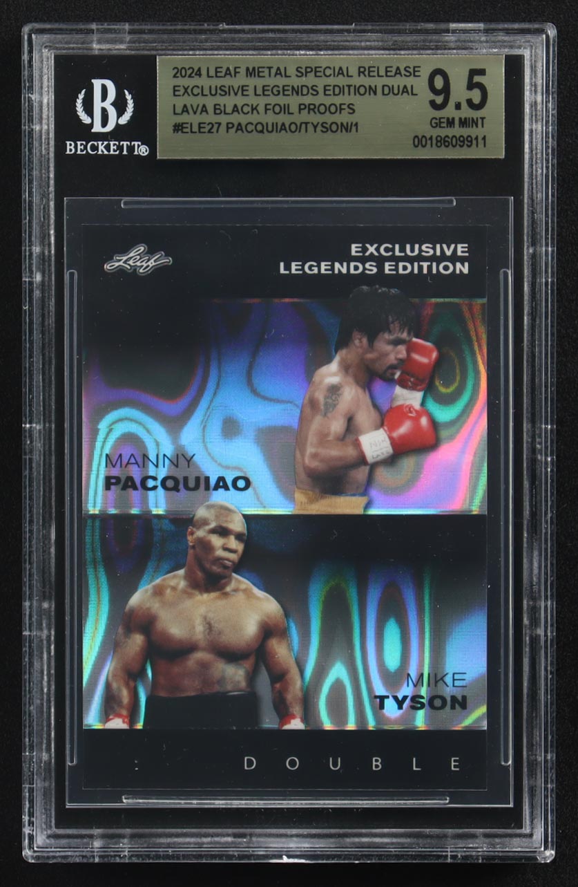 Mike Tyson / Manny Pacquiao 2024 Leaf Metal Special Release Exclusive Legends Ed. Dual Lava Black Foil Proofs #ELE27 (BGS 9.5) at PristineAuction.com Mike Tyson / Manny Pacquiao 2024 Leaf Metal Special Release Exclusive Legends Ed. Dual Lava Black Foil Proofs #ELE27 (BGS 9.5) at PristineAuction.com