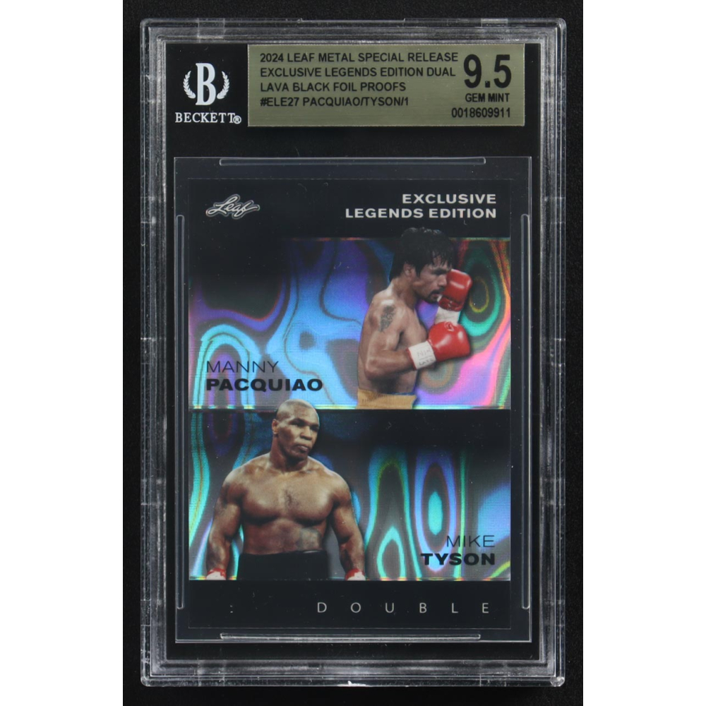 Mike Tyson / Manny Pacquiao 2024 Leaf Metal Special Release Exclusive Legends Ed. Dual Lava Black Foil Proofs #ELE27 (BGS 9.5) at PristineAuction.com