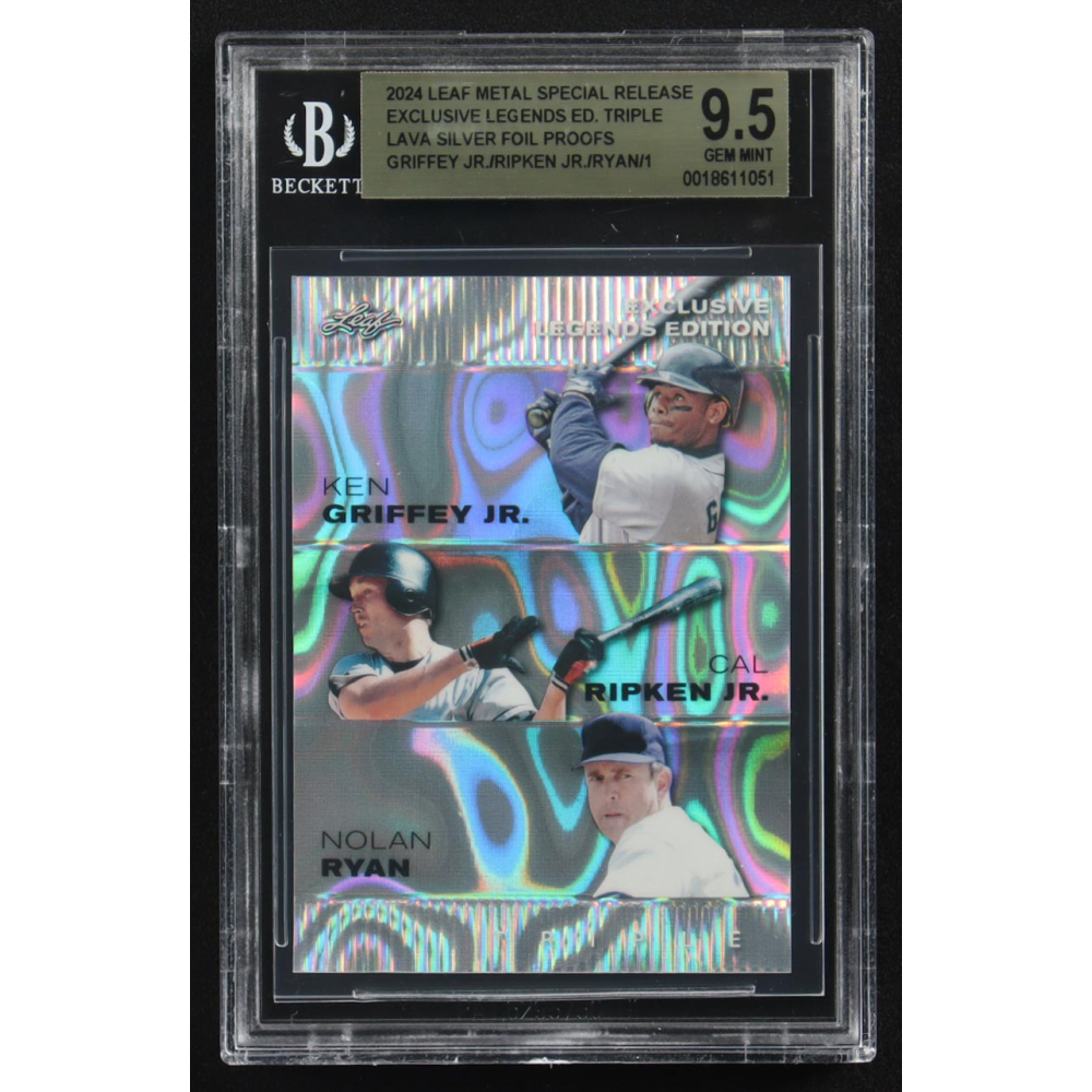 Ken Griffey Jr. / Cal Ripken Jr. / Nolan Ryan 2024 Leaf Metal Special Release Exclusive Legends Ed. Triple Lava Silver Foil Proofs (BGS 9.5) at PristineAuction.com