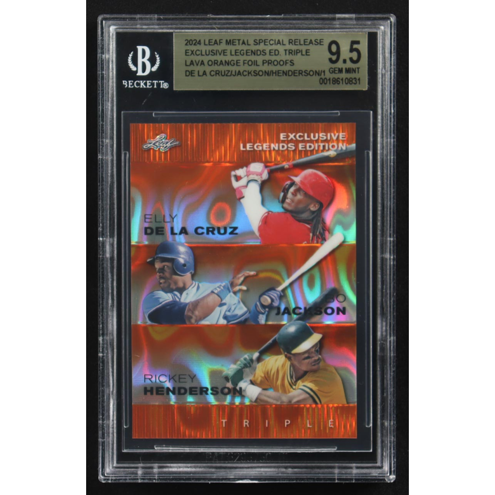Elly De La Cruz / Bo Jackson / Rickey Henderson 2024 Leaf Metal Special Release Exclusive Legends Ed. Triple Lava Orange Foil Proofs (BGS 9.5) at PristineAuction.com