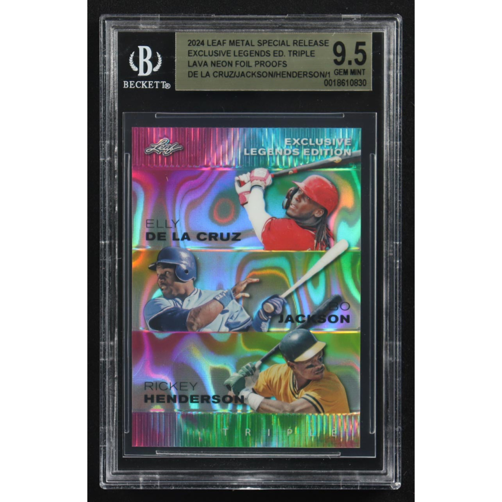 Elly De La Cruz / Bo Jackson / Rickey Henderson 2024 Leaf Metal Special Release Exclusive Legends Ed. Triple Lava Neon Foil Proofs (BGS 9.5) at PristineAuction.com