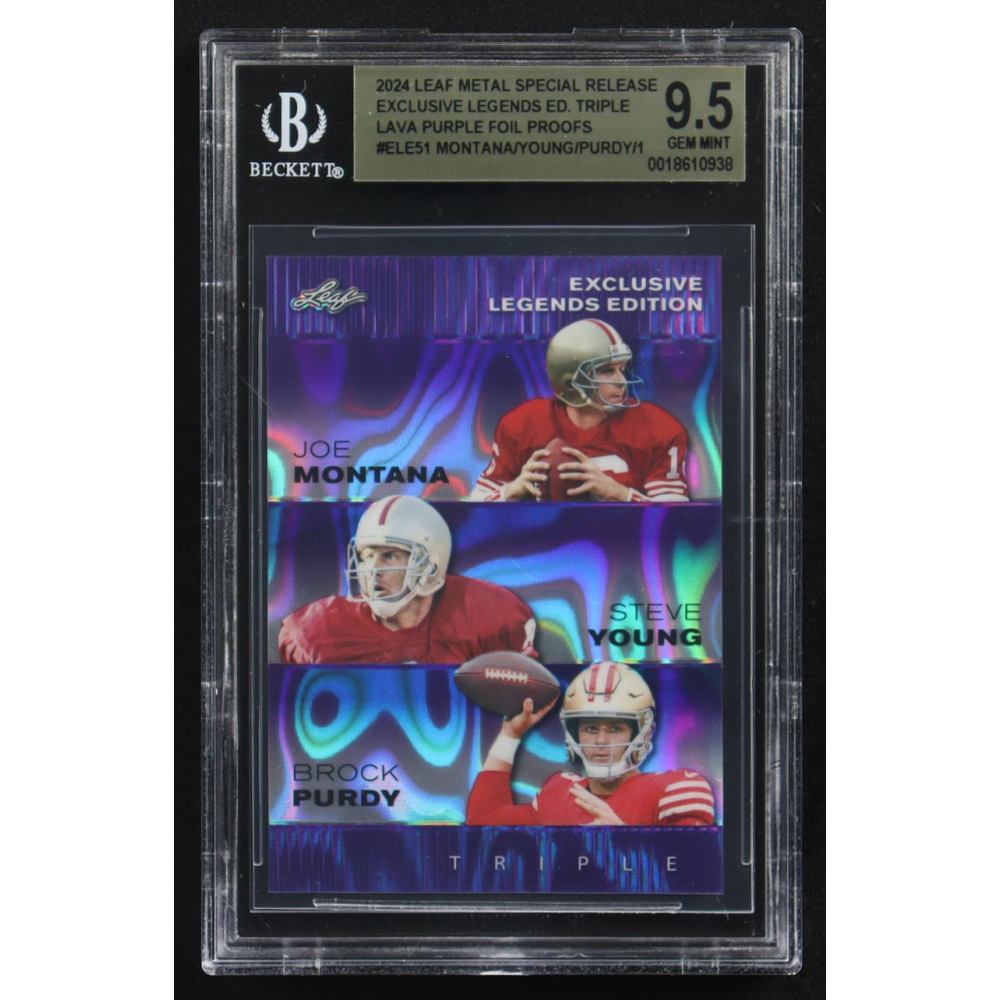 Joe Montana / Steve Young / Brock Purdy 2024 Leaf Metal Special Release Exclusive Legends Ed. Triple Lava Purple Foil Proofs #ELE51 (BGS 9.5) at PristineAuction.com