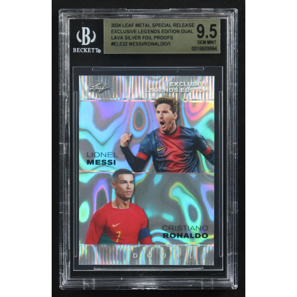 Lionel Messi / Cristiano Ronaldo 2024 Leaf Metal Special Release Exclusive Legends Ed. Dual Lava Silver Foil Proofs #ELE22 (BGS 9.5) at PristineAuction.com