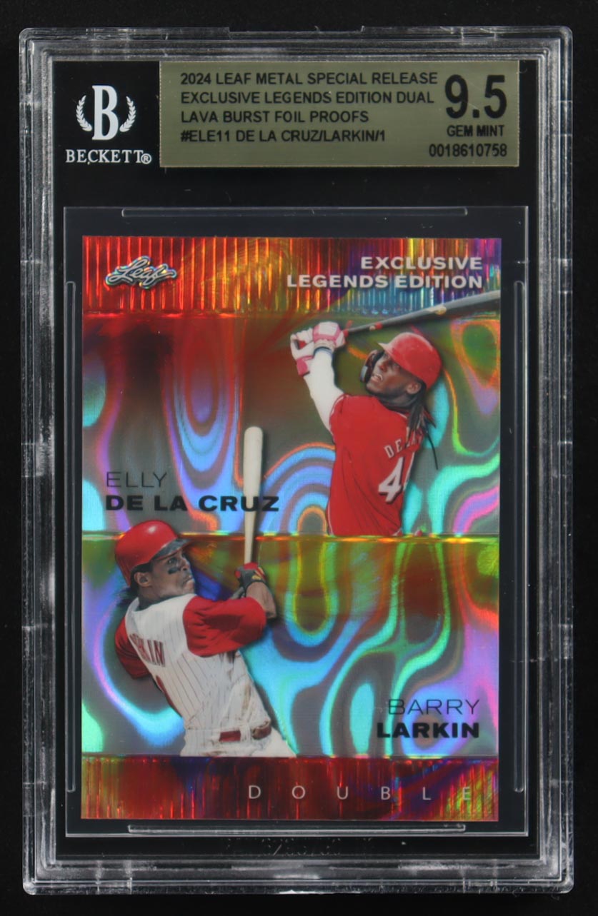 Elly De La Cruz / Barry Larkin 2024 Leaf Metal Special Release Exclusive Legends Ed. Dual Lava Burst Foil Proofs #ELE11 (BGS 9.5) at PristineAuction.com Elly De La Cruz / Barry Larkin 2024 Leaf Metal Special Release Exclusive Legends Ed. Dual Lava Burst Foil Proofs #ELE11 (BGS 9.5) at PristineAuction.com