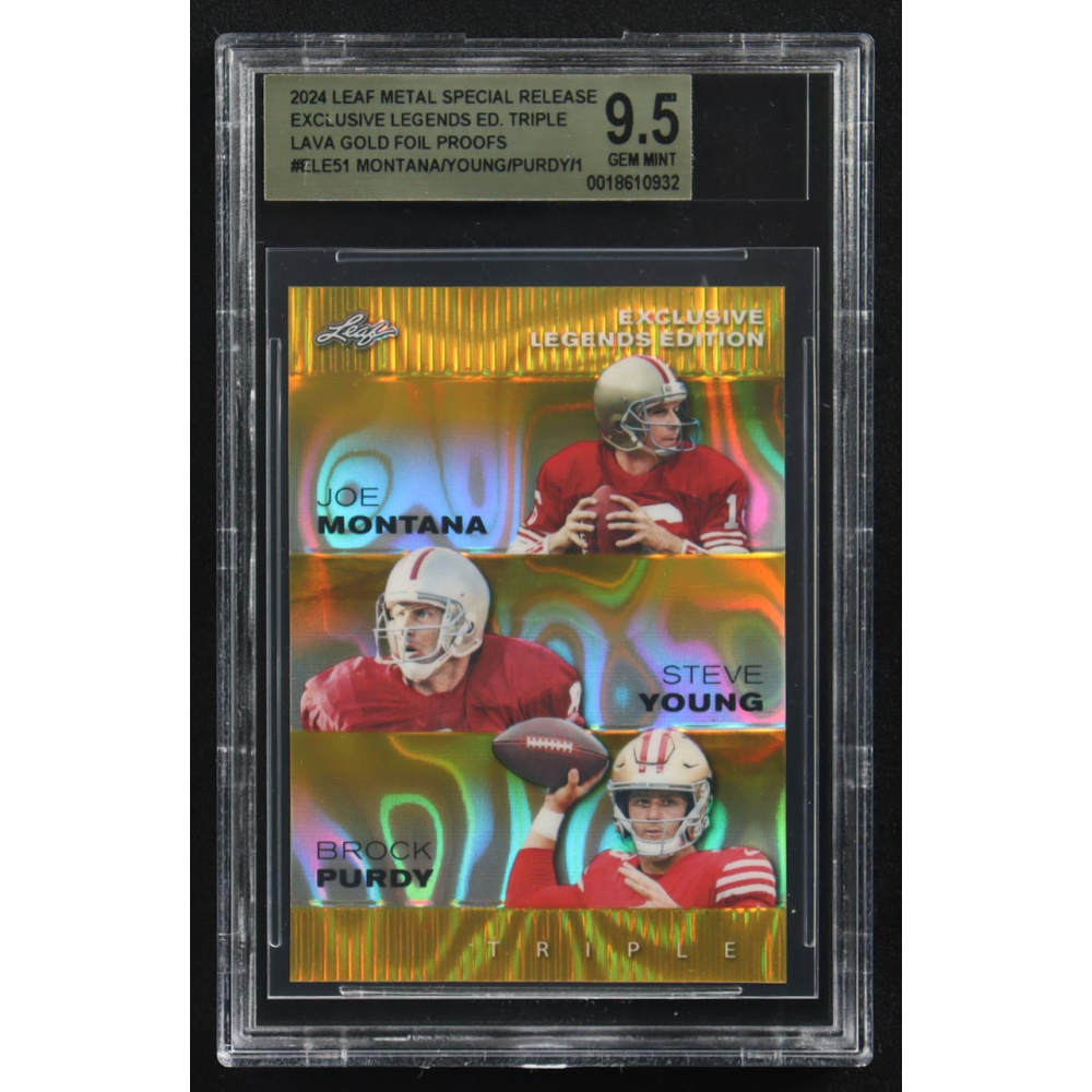 Joe Montana / Steve Young / Brock Purdy 2024 Leaf Metal Special Release Exclusive Legends Ed. Triple Lava Gold Foil Proofs #ELE51 (BGS 9.5) at PristineAuction.com