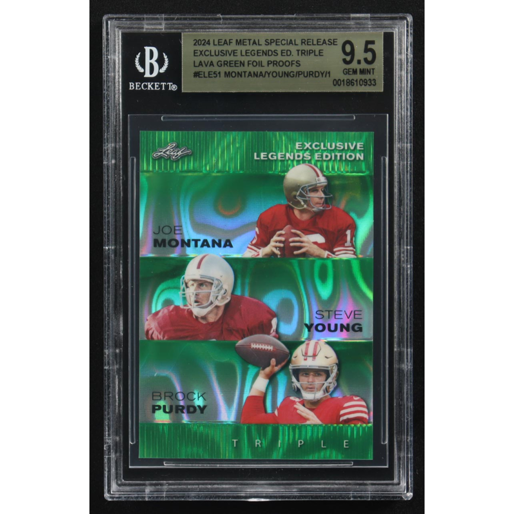 Joe Montana / Steve Young / Brock Purdy 2024 Leaf Metal Special Release Exclusive Legends Ed. Triple Lava Green Foil Proofs #ELE51 (BGS 9.5) at PristineAuction.com