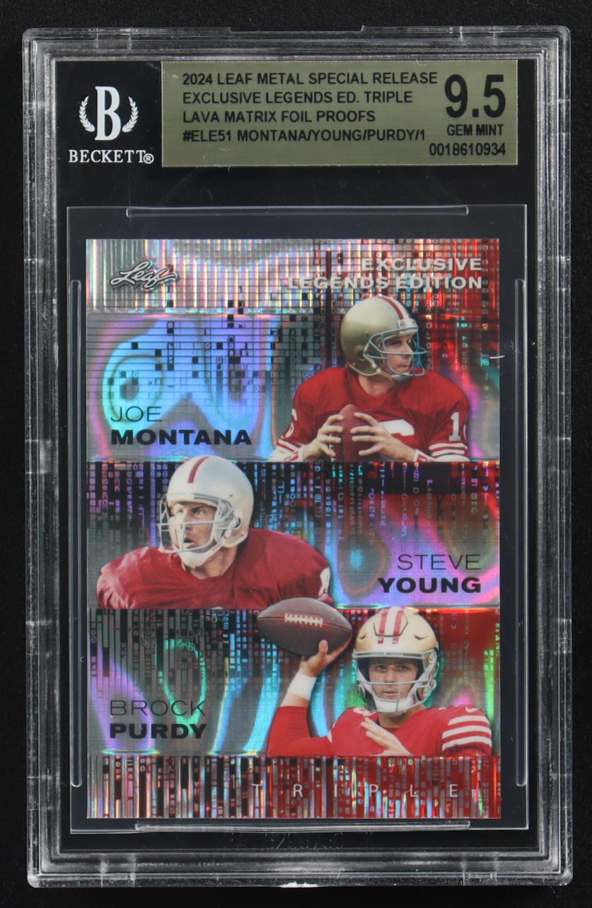 Joe Montana / Steve Young / Brock Purdy 2024 Leaf Metal Special Release Exclusive Legends Ed. Triple Lava Matrix Foil Proofs #ELE51 (BGS 9.5) at PristineAuction.com Joe Montana / Steve Young / Brock Purdy 2024 Leaf Metal Special Release Exclusive Legends Ed. Triple Lava Matrix Foil Proofs #ELE51 (BGS 9.5) at PristineAuction.com